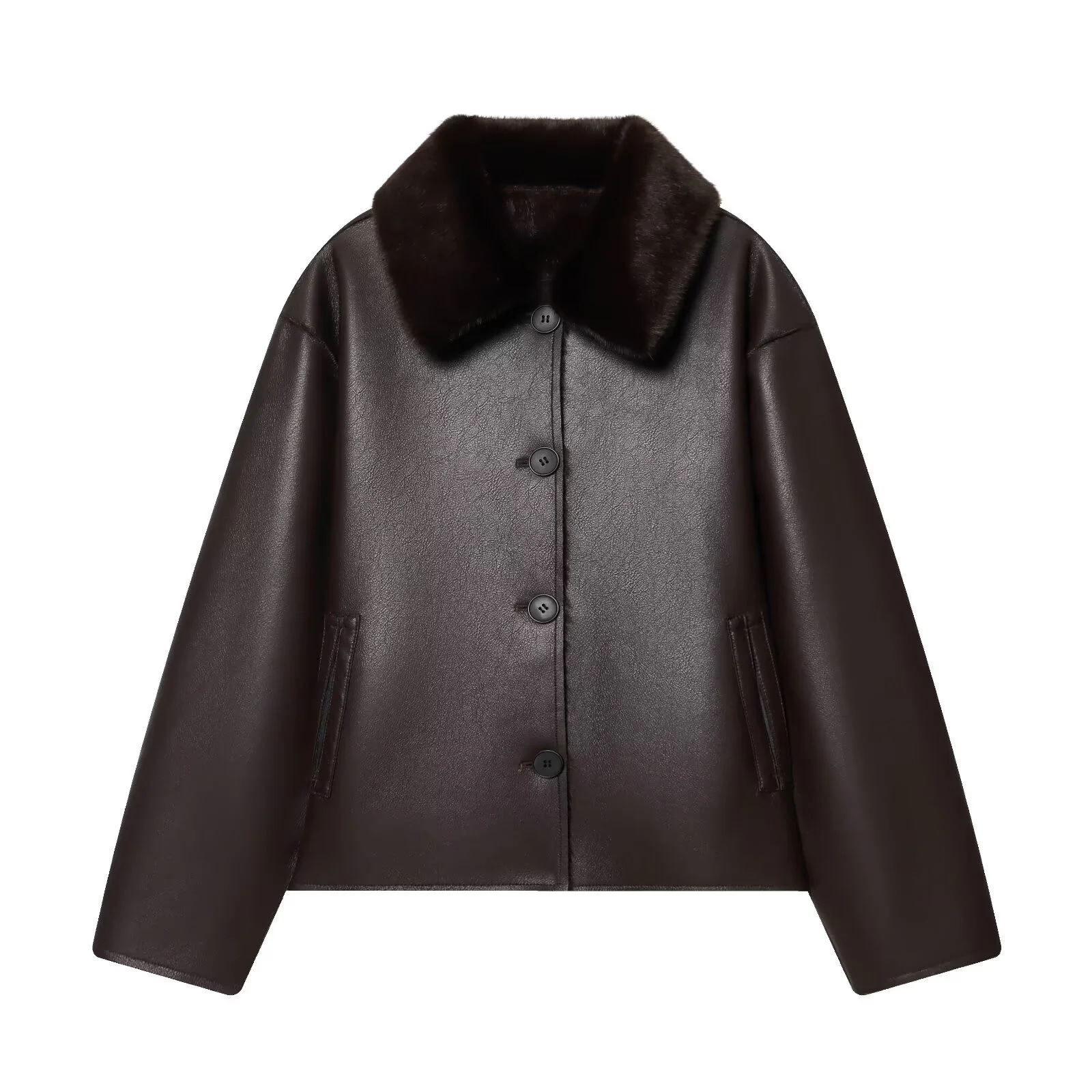 2025 Inverno delle nuove donne moda casual a maniche lunghe risvolto effetto pelliccia sintetica giacca in similpelle double-face