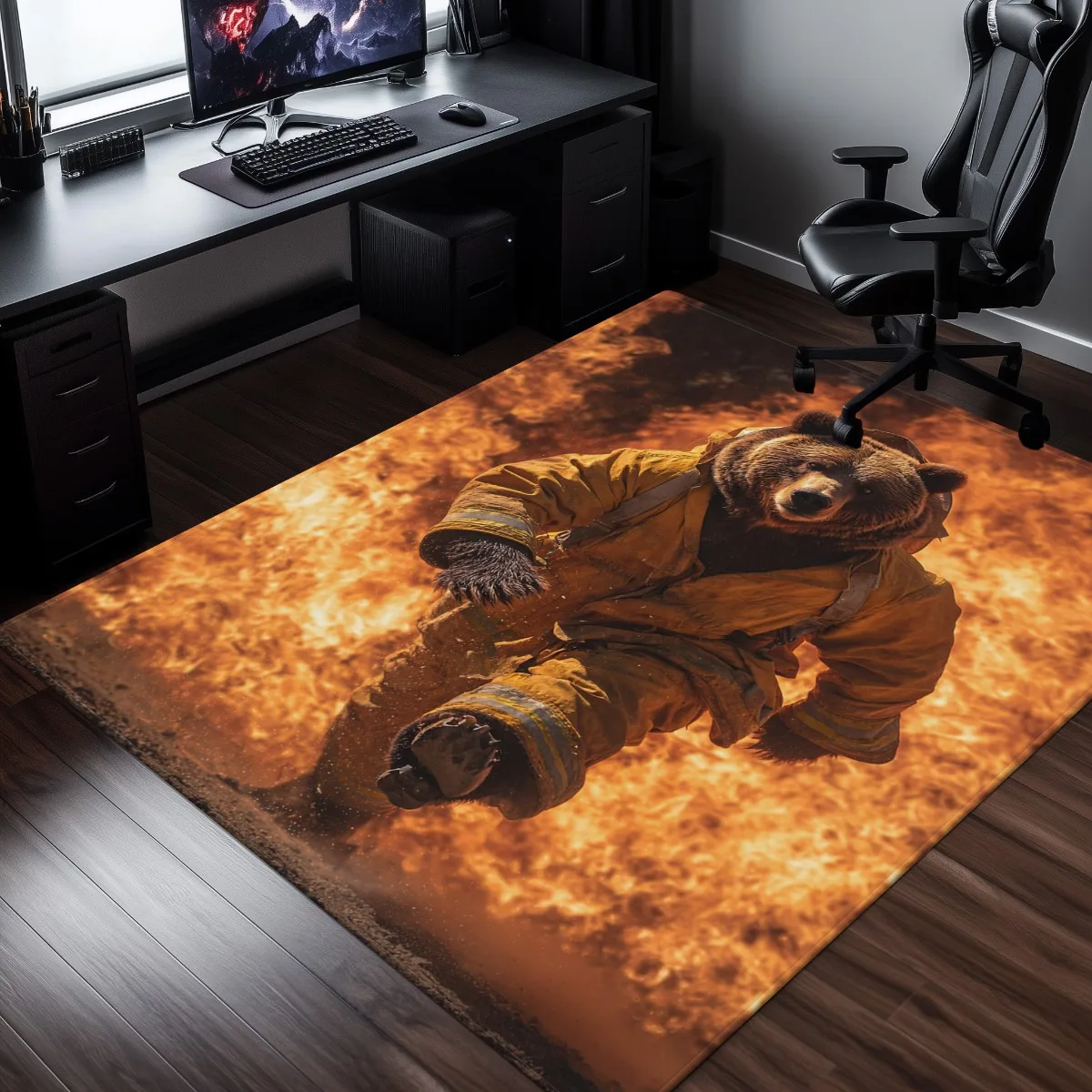 Bear‑in‑Fire Printed Rug, Decor for Kitchen, Bathroom, Yoga, Living‑Room, Entrance, Camping, Outdoor Home Use