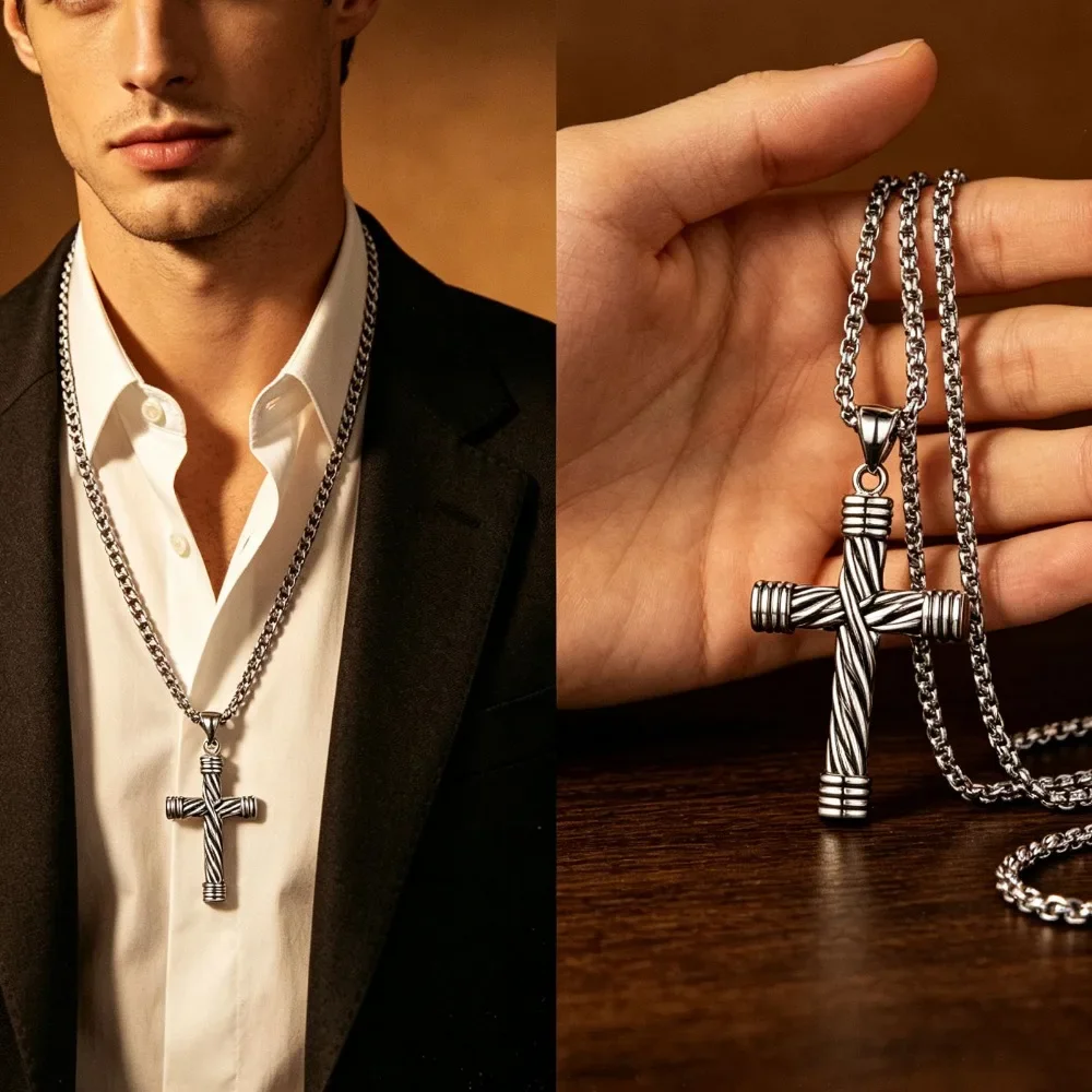Spiral Column Cross Pendant Necklace for Men Women, Stainless Steel Chain Simple Religious Jewelry Daily Party Wear Gift