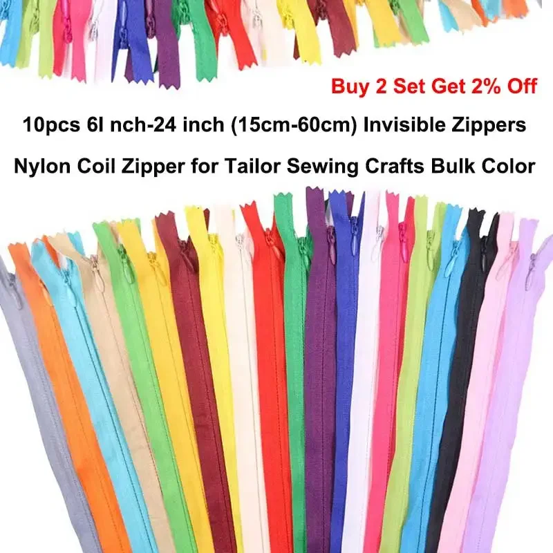 

10Pcs 3# Invisible Zippers 15cm-60cm (6Inch-24 Inch) Mix Nylon Coil Zipper for Tailor Sewer Clothes Sewing Crafts Accessories