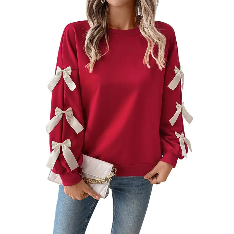 

Red Christmas Sweatshirt Women's Sweet Style Round Neck Bow Long Sleeve Base Top Autumn