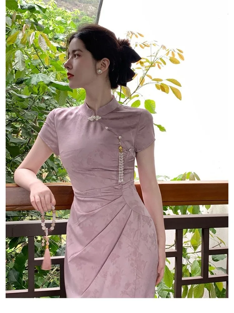 

Qipao Improved Purple Dress Elegant Sweet Chinese Cheongsam Dress Short Sleeve Modern Summer Retro High-end Women's Clothing