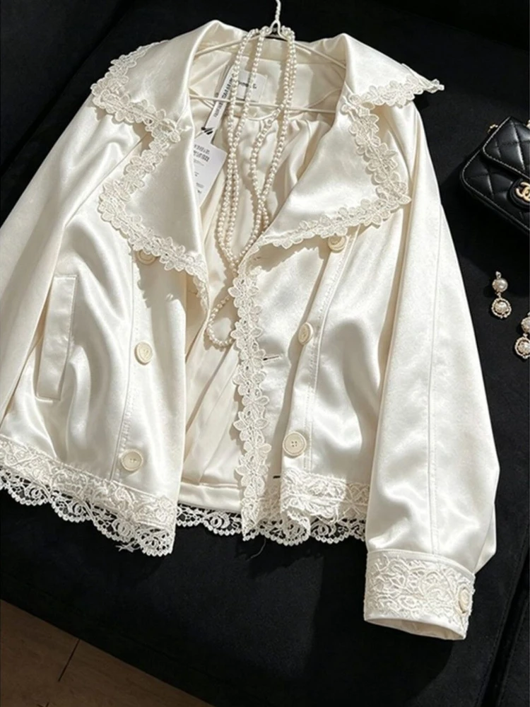 French Elegant Autumn Exquisite Lace Trim Satin Cropped Blazer Jacket Women Loose Fit Slimming Long Sleeve Casual Daily Outfit