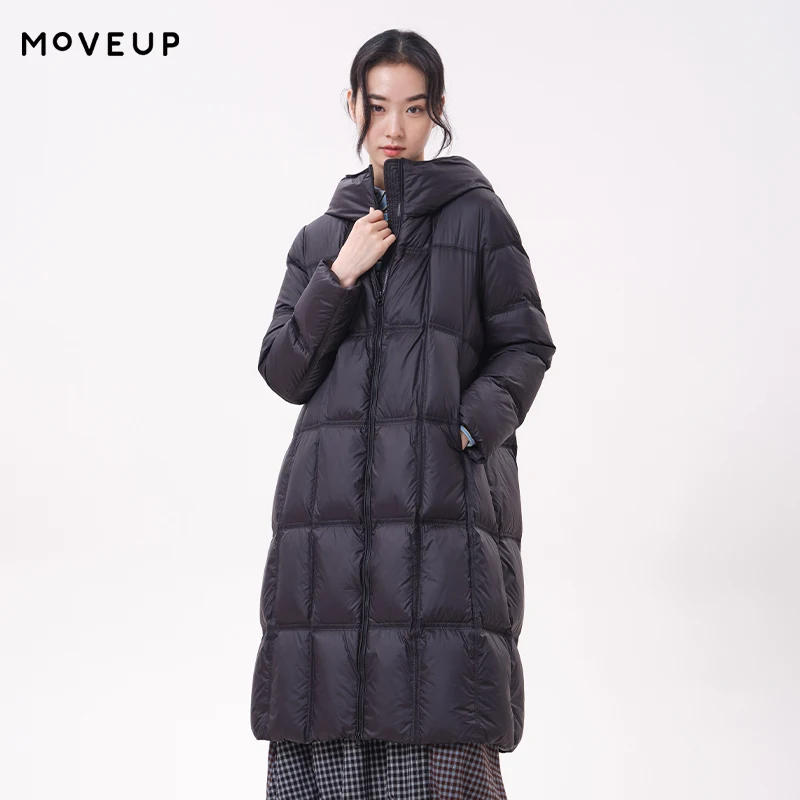 MOVEUP Women's Down Coat 2026 Winter New Hooded Daily Commuter Long Duck Down Jacket FUN Series Quilted Warm Outerwear 3ELD21265