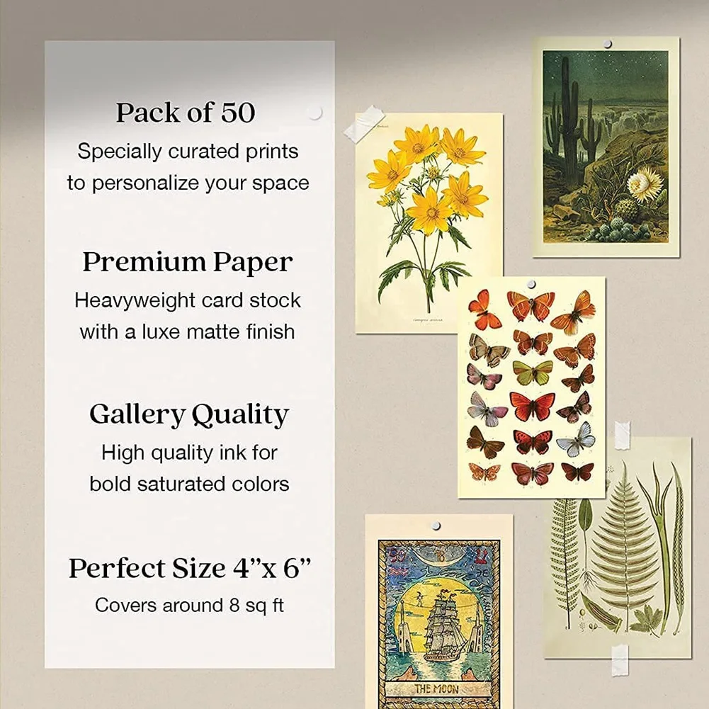 Vintage Aesthetic Wall Collage Kit - 50 Mini Botanical Cottagecore Collage Art Posters (4X6Inch) for Trendy Photo Wall