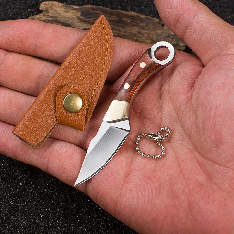 Wooden Handle Small Straight Knife Outdoor Camping Sharp Self-defense Fruit Knife Hand Meat Knife Unwrap Mini Pendant Gift Knife