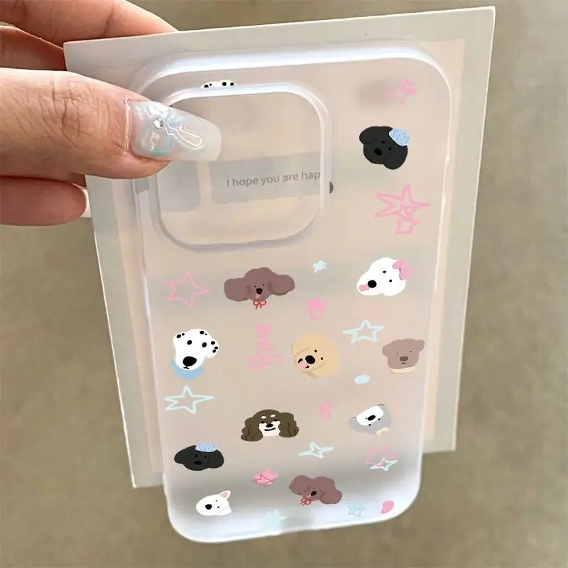 Korea Ins Snowman Puppy Stars Frosted Phone Case For iPhone 17AIR 17 16 16E 15 14 13 12 11 Pro Max 7 8 Plus Mini Y2K Sweet Cover