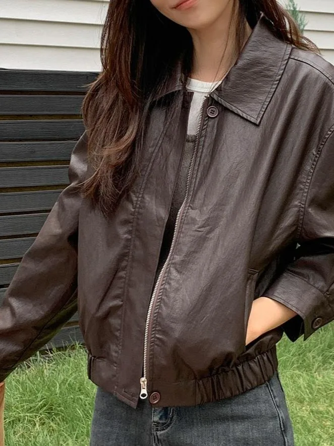 시크한 오토바이 가죽 재킷 여성용 2025 신상 슬림핏 소형 사이즈 패셔너블한 가을 아우터웨어 브랜드 없음...