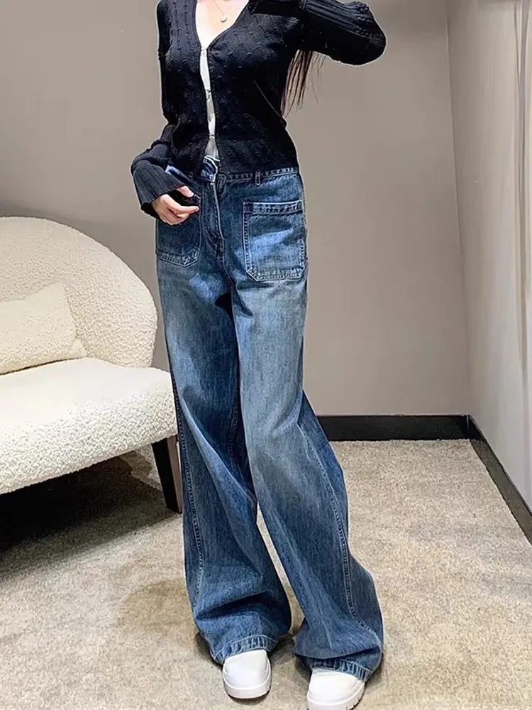 

High Waist Wide Leg Jeans Women's Loose Fit Floor Length Pants Front Pocket Casual Style Bootcut Denim Trousers Summer Wear