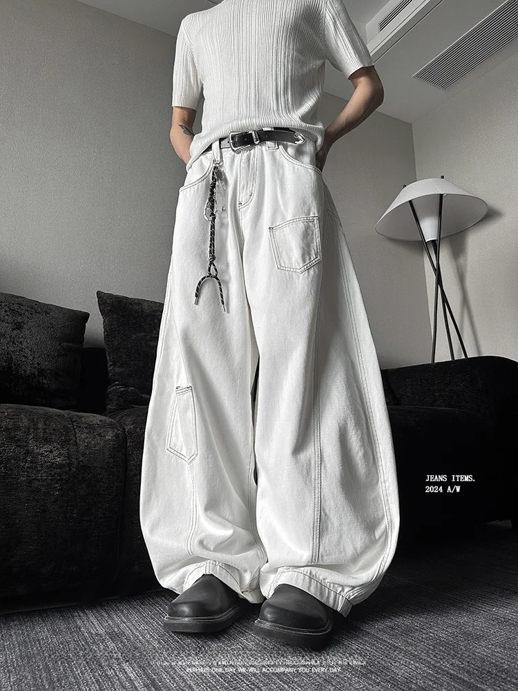 

American High Street White Design Bend Knife Jeans Men Women Summer Loose Slim Wide Leg Casual Floor-Length Pants