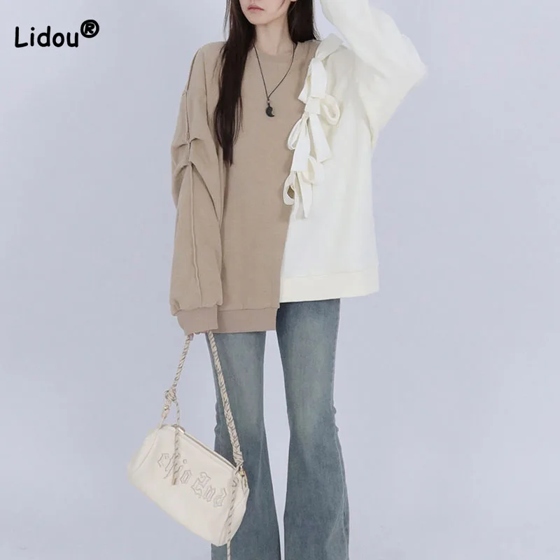 Bow Spliced Irregular Color Blocking Sweatshirts Female Korean All-match Long Sleeve Loose Pullovers Spring Women's Clothing