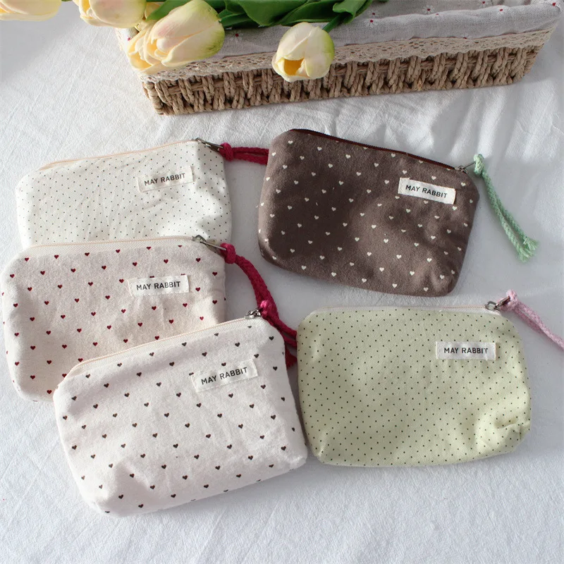 Korean Dot Love Canvas Coin Wallet Portable Mini Coin Pouch Simple Fabric Zipper Coin Purse Key Earphone ID Bag Kids Cute Purse