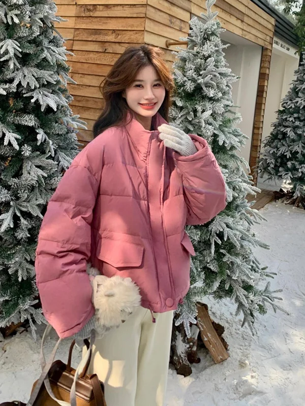 

Raspberry Pink Thickened Cotton Jacket Women's Fashionable Versatile Winter Outerwear Korean Style Loose Fit Long Sleeve Zipper