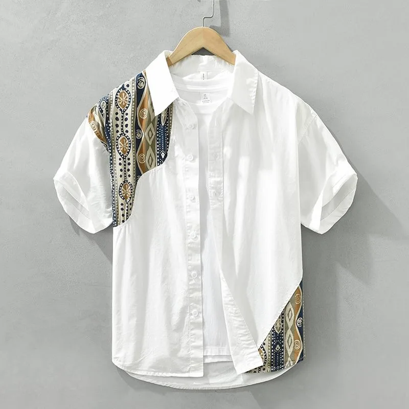 

summer chic short-sleeved splicing shirt fashionable printing trend color block casual men loose thin shirt men's clothing