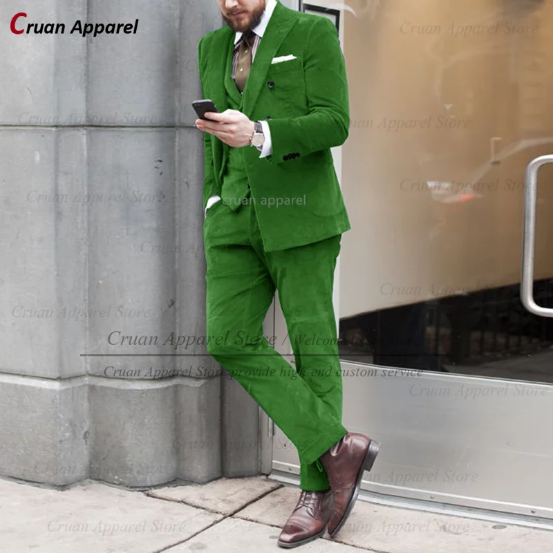 Corduroy Green Men Suits Slim Fit Classic Tuxedos for Business Wedding Prom Custom Fashion Blazer Vest Pants 3 Pieces Set