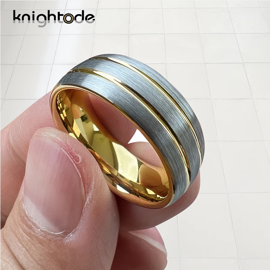 8mm Gold Color Tungsten Carbide Wedding Band Ring For Men Women Jewelry Two Grooved Dome Brushed Comfort Fit