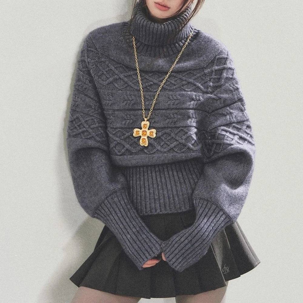 Twisted bat sleeve pullover sweater women's turtleneck waist top lazy and thin knitted sweater  sueter mujer pull femme