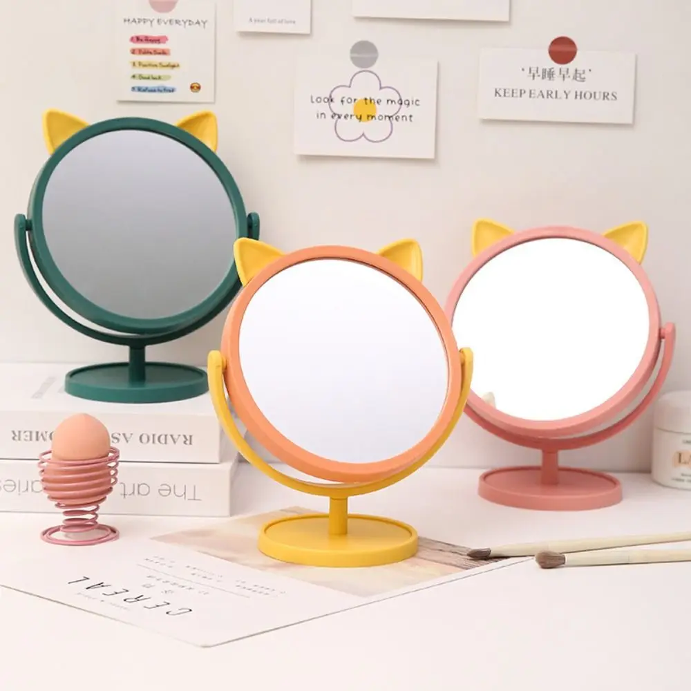 Cute Desktop HD Vanity Mirror Cat Ear 360 Rotation Single Side Makeup Mirror Shatterproof Multifunctional Makeup Princess Mirror