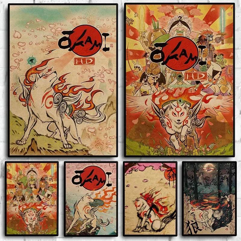 Okami Action Adventure Game Poster Prints Vintage Japanese Mythology Cartoon Canvas Painting Wall Art for Living Room Home Decor