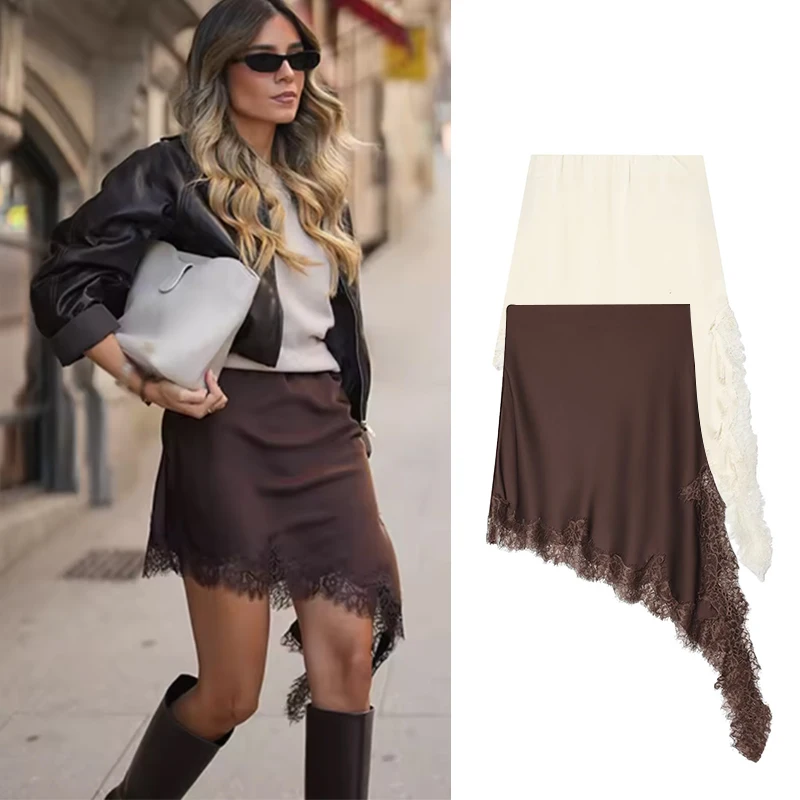 女性のスカート春 2026 新しいファッション非対称レース装飾弾性ウエストスカート女性シックなジョーカー若者ハイウエストスカート