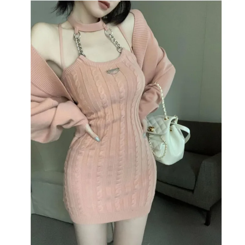 Korean Chunyu Style Knitted Camisole Dress, Spicy Girl Style Set, Hanging Neck Women\'s Dress, Autumn Two-piece Cover Up Top