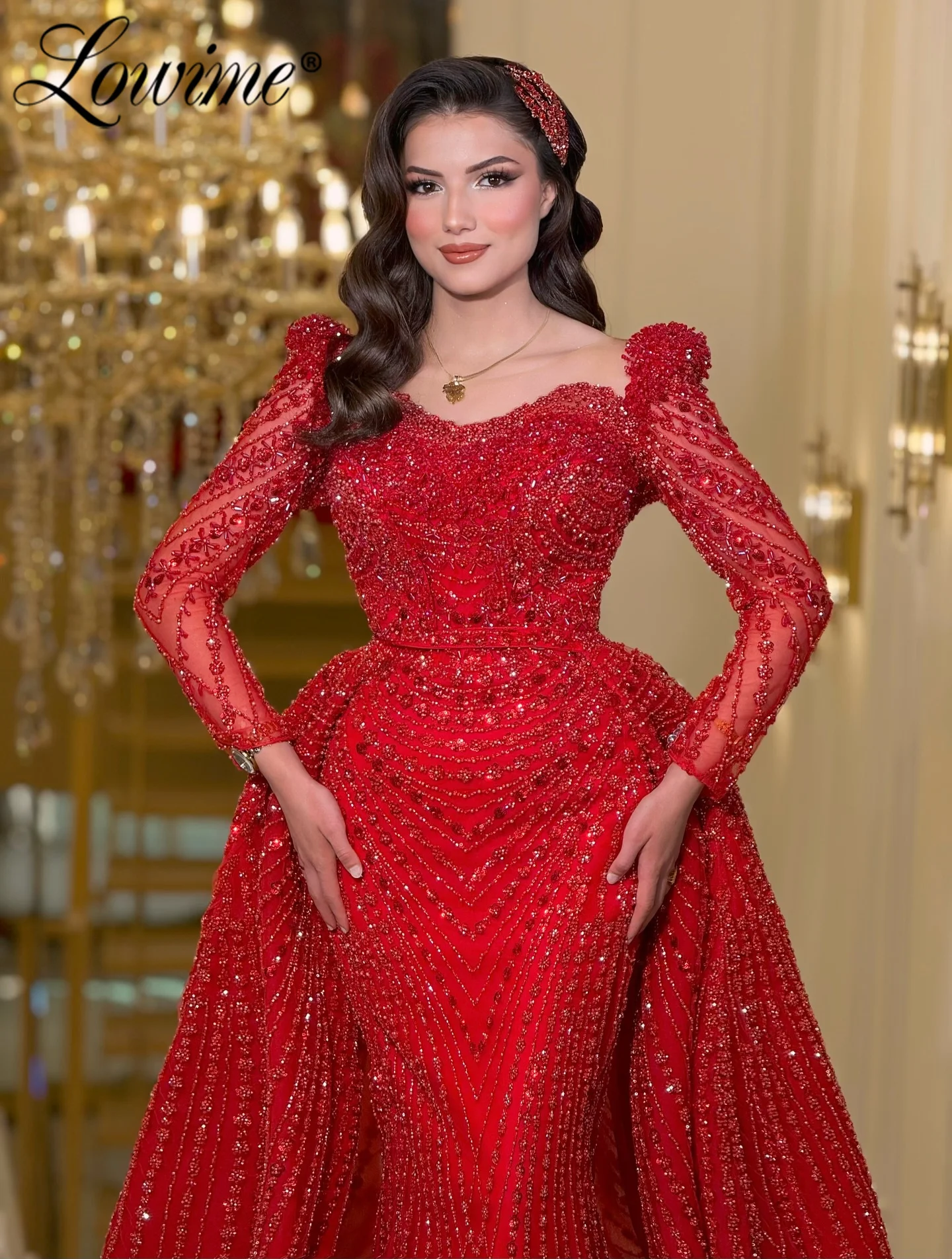 

Вечернее платье в Дубае с блестками и бисером, съемная верхняя юбка с длинными рукавами для женщин, свадебная вечеринка, 2026, платья для выпускного вечера по индивидуальному заказу