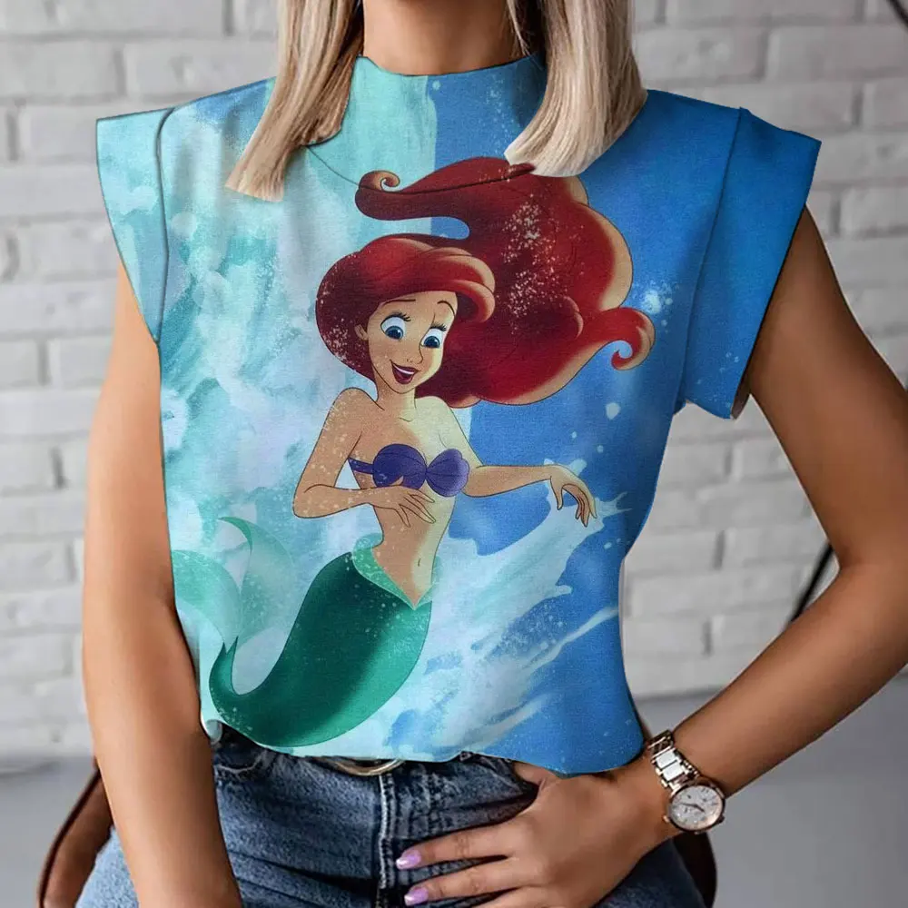 2024 New Ariel Mermaid Anime Harajuku Street Summer Trend All-match Pattern 3D Printing Women's Turtleneck T-shirt Fashion Vest