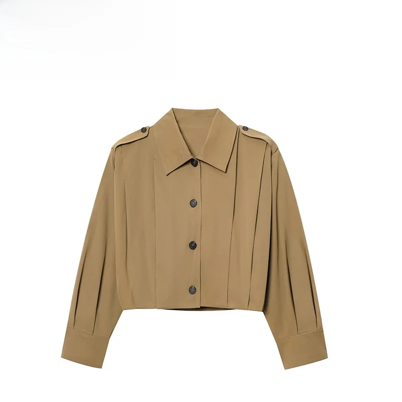 

Spring New Faion Design Women's High Collar Pleated Coat JNLEAOG Polyester Fiber Straight Cut Long Sve ort Length