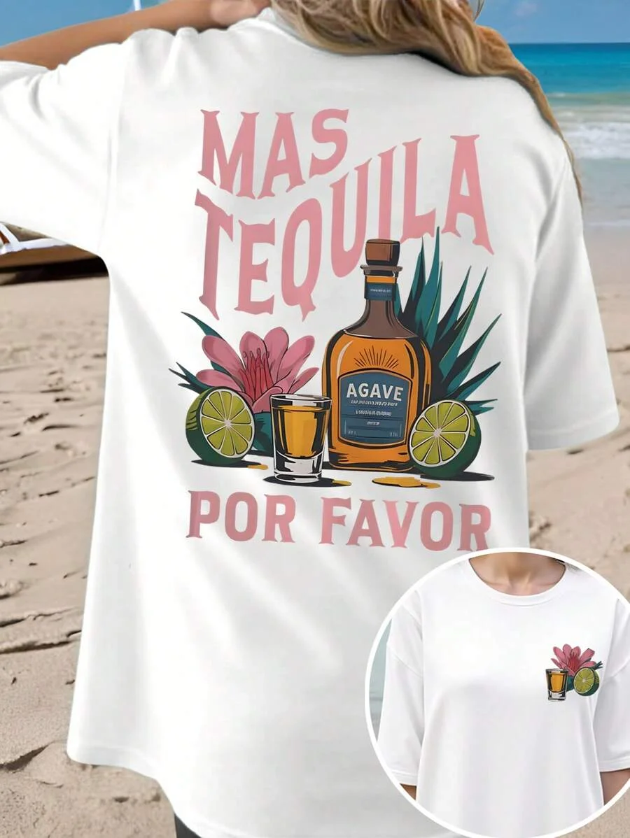 Camiseta de moda para mujer talla grande, dos colores, patrón "Mas Tequila Por Favor", elegante e informal