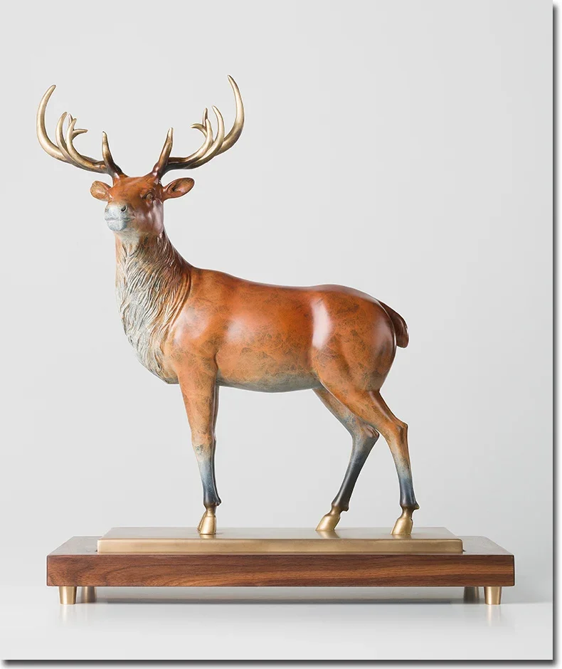 

Brass Decoration "Deer" Home Accessories Copper Art Collection With Black-Hallows Log Base Zoo Exhibits