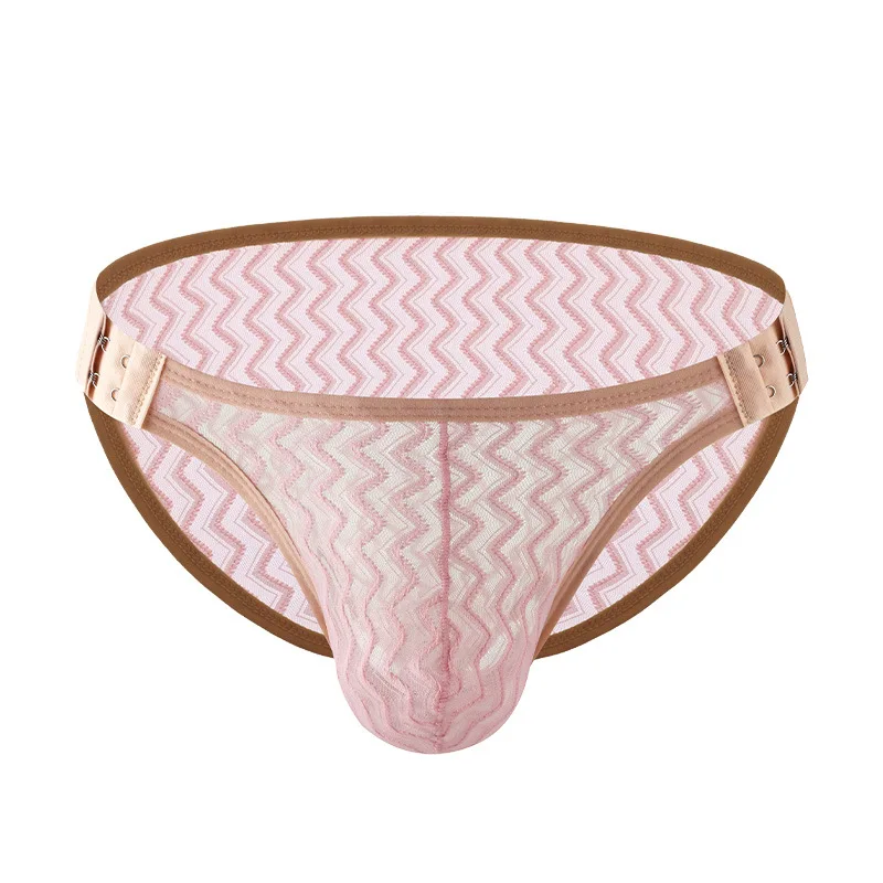 رجل ملخصات حزام رياضي قابل للتعديل الدانتيل شفافة مفتوحة زر سراويل التجفيف السريع U محدب الملابس الداخلية منخفضة الخصر السروال