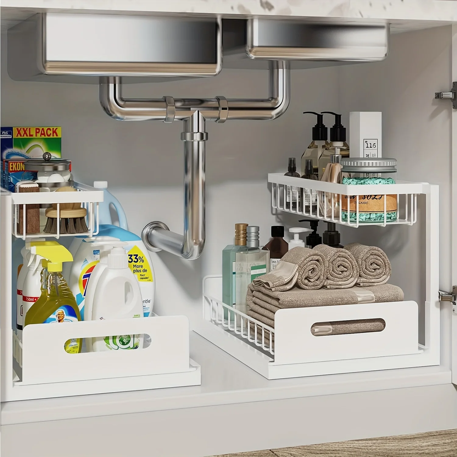 

Under Sink Organizers Storage Rack with Sliding Drawer 2 Tier Multi-purpose Bathroom Shelf Organizer Kitchen Bathroom Storage