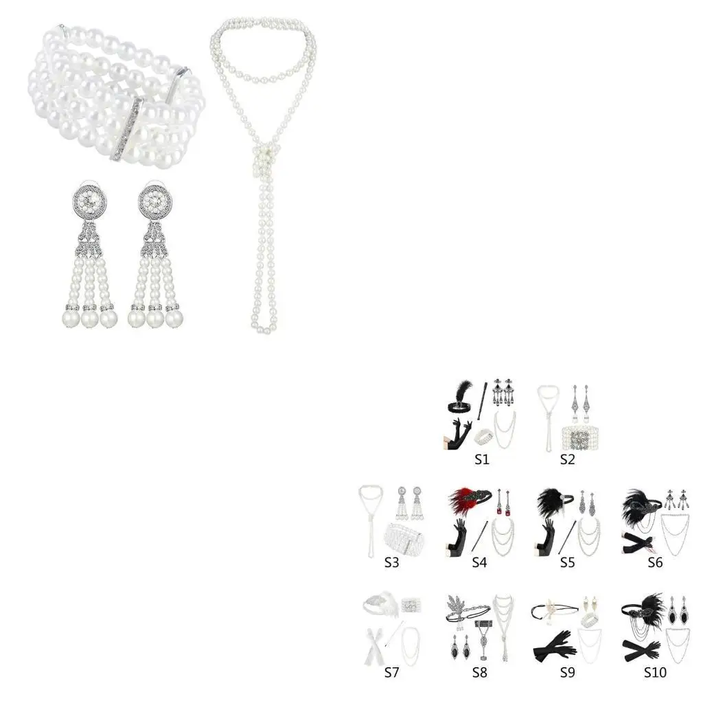 

652F 1920s Flapper Party Costume Accessories for Women Vintage Rhinestones Headpiece Tassels Earring Makeup Party Wear