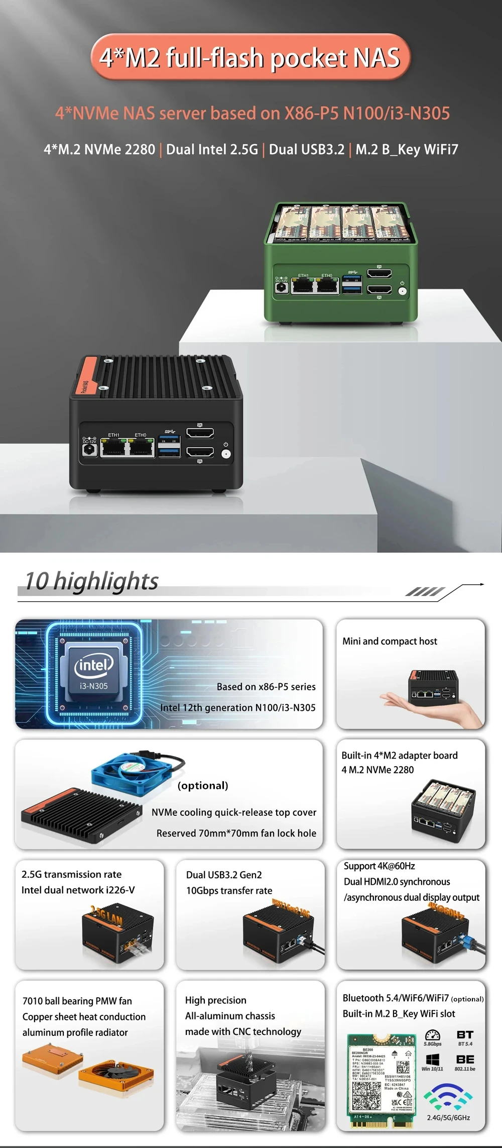 12th Gen Intel NAS Mini PC 3 N355 N305 N150 N100 4xM.2 NVMe Board 2xi226-V 2.5G DDR5 2xUSB3.2 HD Firewall PC Mini Computer Host