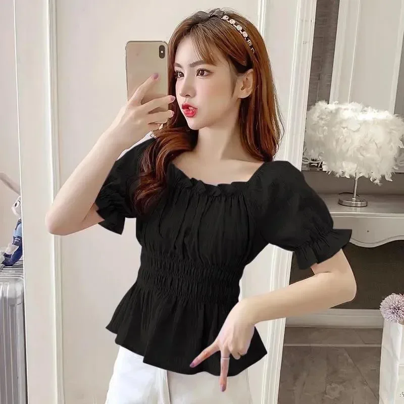 Short Chiffon Shirt Square Neck Top Puff Sleeve Design Women\'s Short Sleeve Thin Shirt  Womens Blouses Wholesale