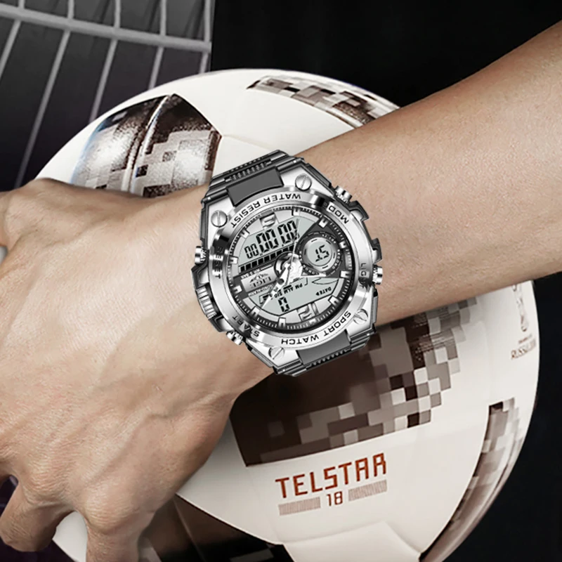 LIGE Dual Display Watch Men Fashion Business Silicone Sports Chronograph Man Wristwatch 50M Waterproof Alarm Quartz Chronograph