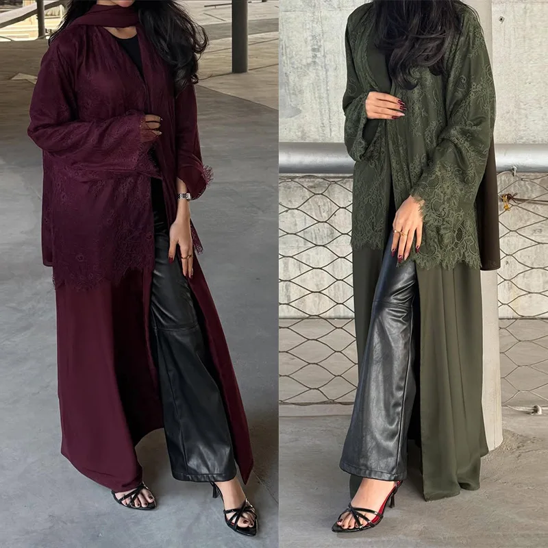 Women Cardigan Eid Abaya Party Dresses Dubai Lace Long Robe Kaftan Jalabiya Ramadan Muslim Abayas Morocco Arab Long Robe Vestido