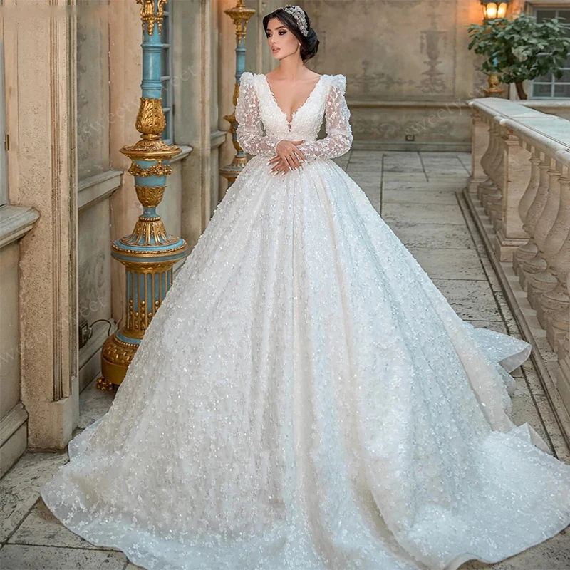 Exquisito Vestido De Novia De Organza con bordado, Vestido De baile con cuentas, mangas abullonadas, cuello en V, Vestido De Novia personalizado