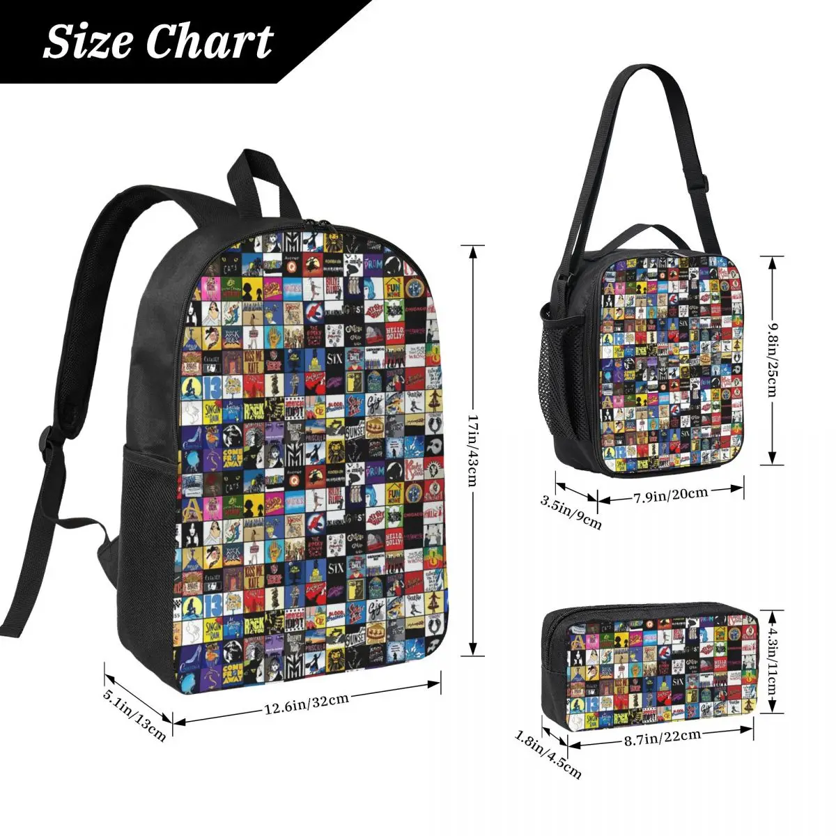 Broadway Musical Theatre Logos Hand Drawn Backpack Student Boys Girls BookBag School Bag 3ps Insulated Lunch Bag Pencil Case