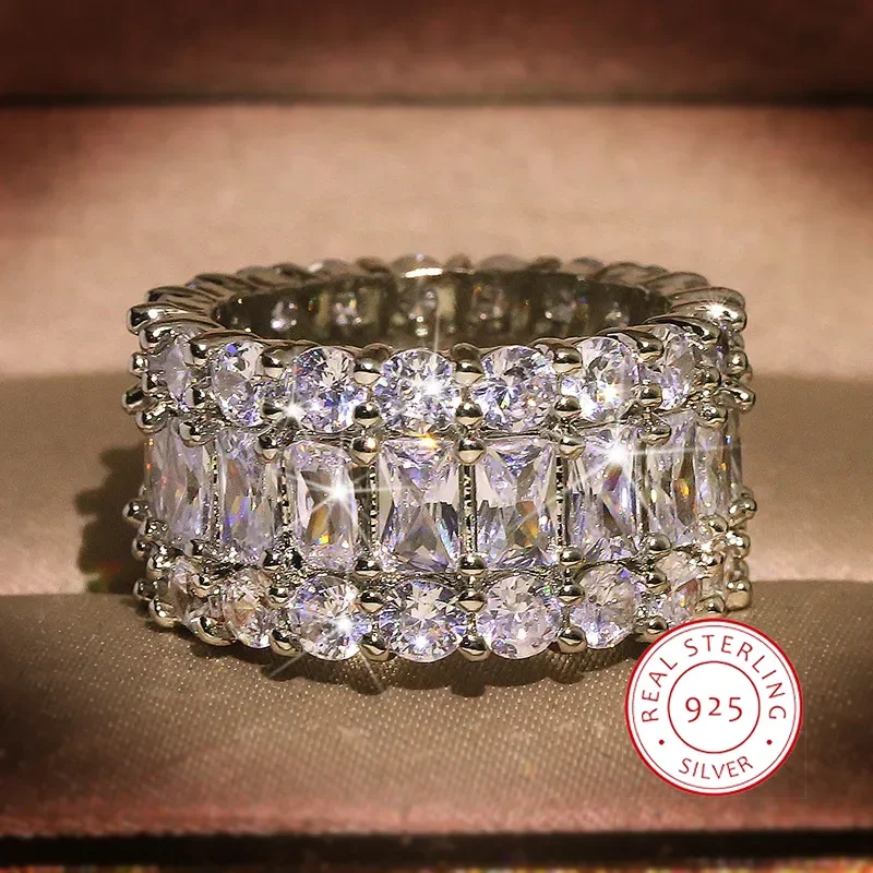 S925 Sterling Silver Color Big Band Ring with Bling Bling Zircon Stone Ring for Women Fashion Party birthday Jewelry