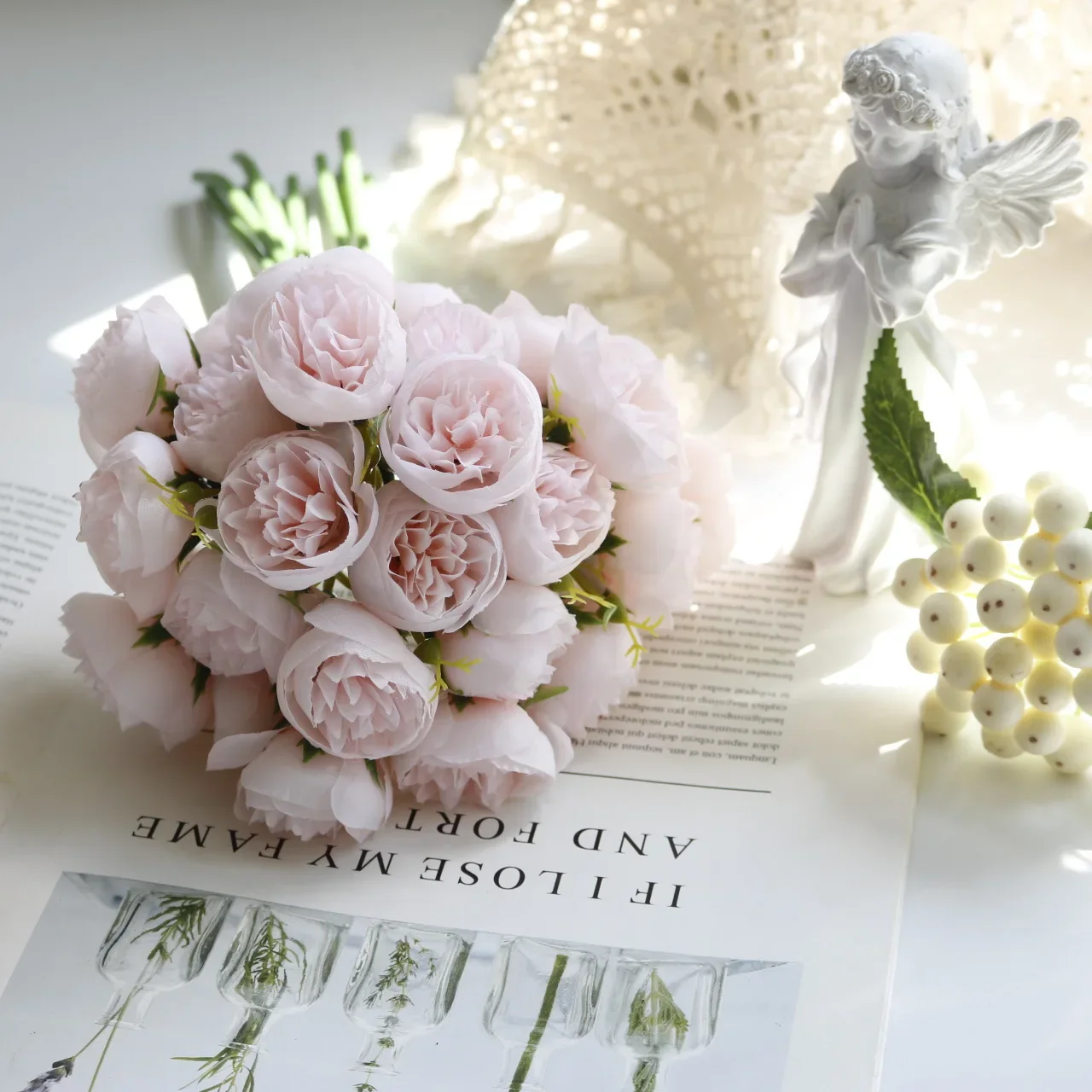Rose rosa Pfingstrose künstliche Blumen Seidenstrauß 27 Köpfe Rosen gefälschte Blume für Tischvase arrangieren Zuhause Hochzeitsdekoration Blumen – Detail 6