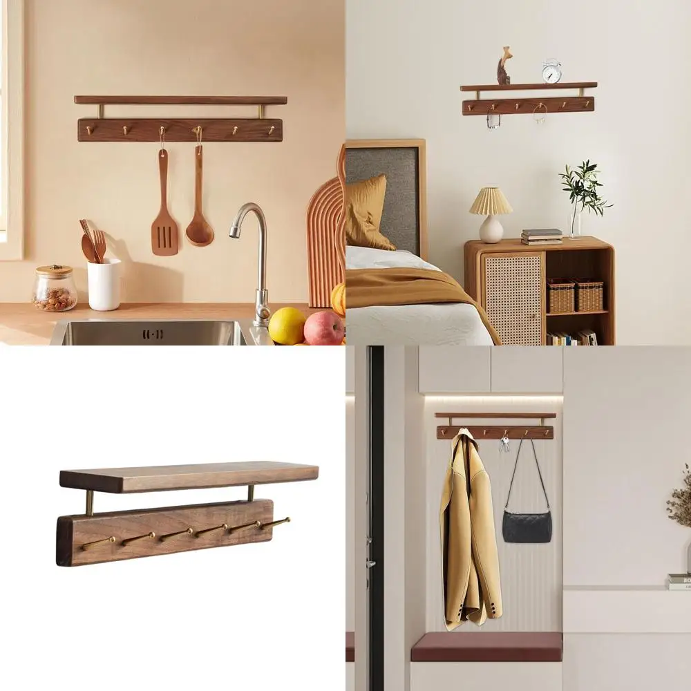 

Настенная вешалка для одежды из орехового дерева с 6 латунными крючками для прихожей, гостиной, ванной и кухни