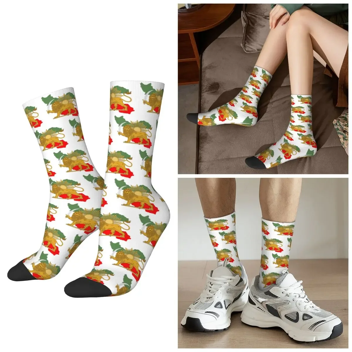 

All Seasons Iran Persia Map Flag Shir O Khorshid Lion And Sun Socks Harajuku Sport Middle Tube Socks Casual Stockings Day Gifts