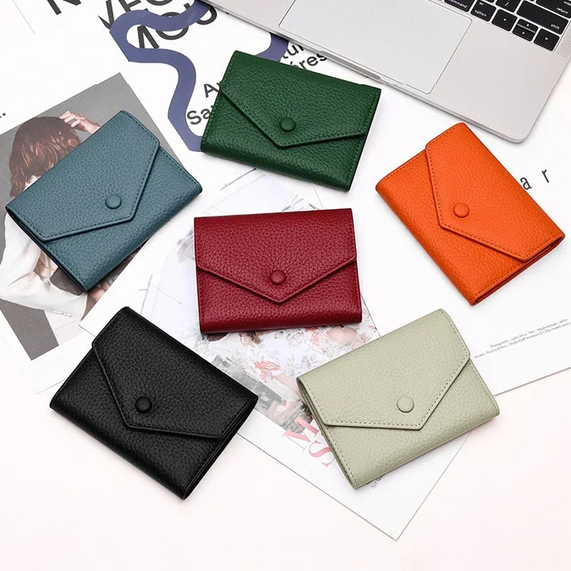 Short Purse for Women 2024 New Classic Buckle Wallet Genuine Leather RFID Trifold Card Holder Zipper Coin Purse Women's Wallet