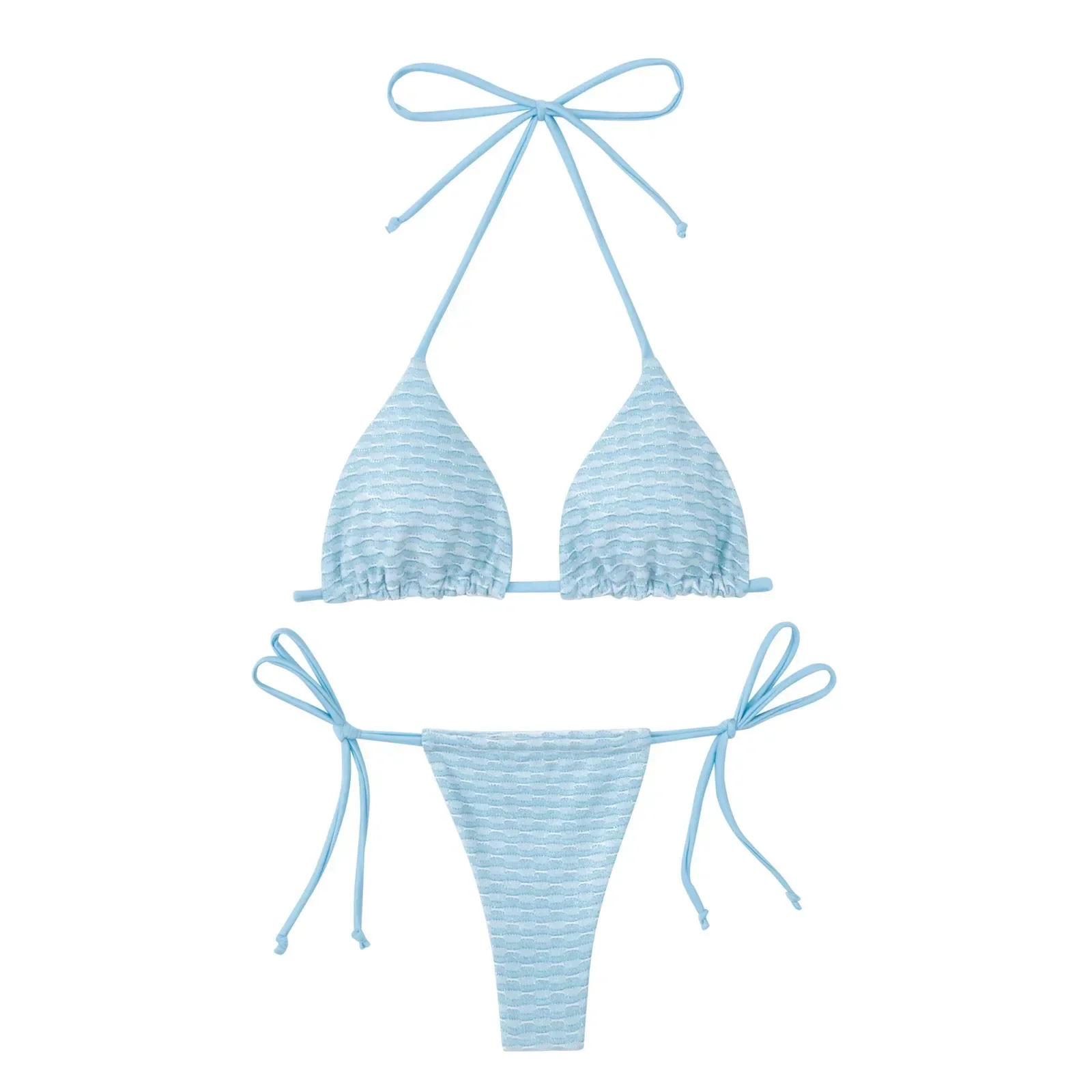 بيكيني نسائي صغير مطبوع برقبة معلقة ورباط جانبي وحزام منخفض الخصر بدون ظهر ملابس سباحة للعطلات مكونة من قطعتين