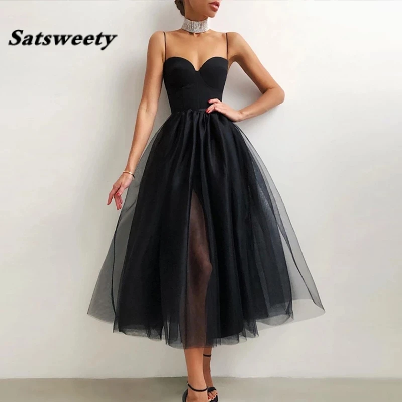 

A Line Black White Short Prom Dresses Sexy Spaghetti Straps Satin And Tulle Ankle Length Party Evening Gowns