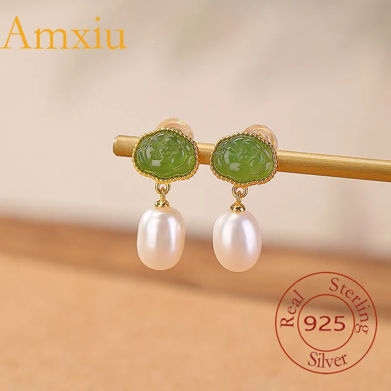 Amxiu Sterling Silver 925  Natural Hetian Jade  Jasper Pearl Gold-Plated Lotus Carving Tooth Pattern Studs Drop Earrings