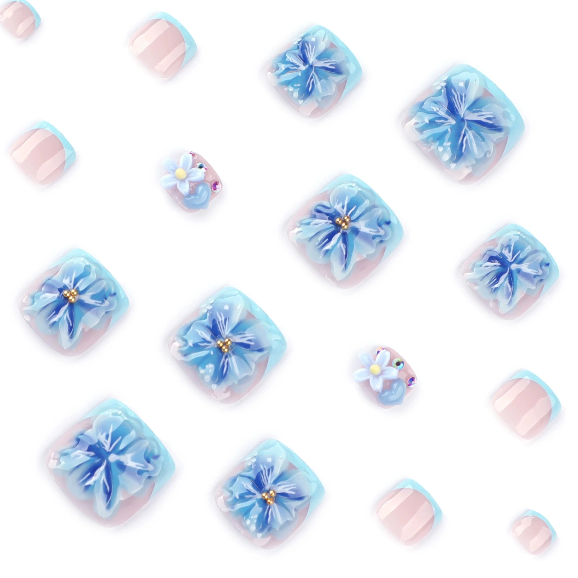 24 stks Ins Stijl Blauwe 3D Bloem Nep Teennagels Druk Op Nagels Verwijderbare Korte Franse Kunstnagels Flash Diamond Decor Voeten Nail Art