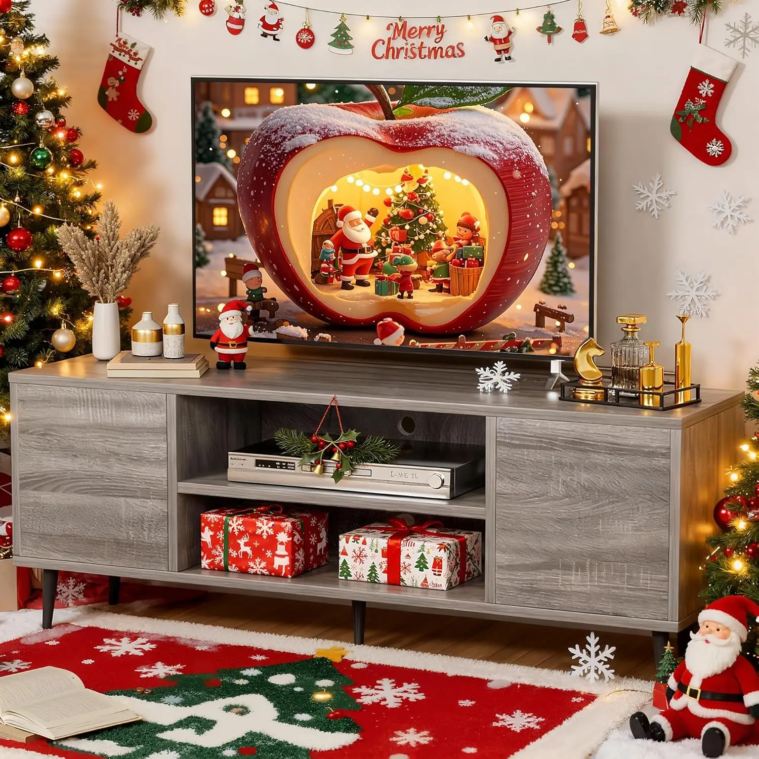 

Modern TV Stand for 65-Inch TVs, Entertainment Center with Storage Cabinets, Retro Style Media Console in Light Gray