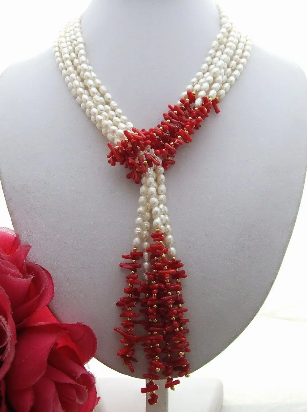 

Hand knotted natural 3strands 5-7mm white freshwater pearl red coral necklace long 127 cm